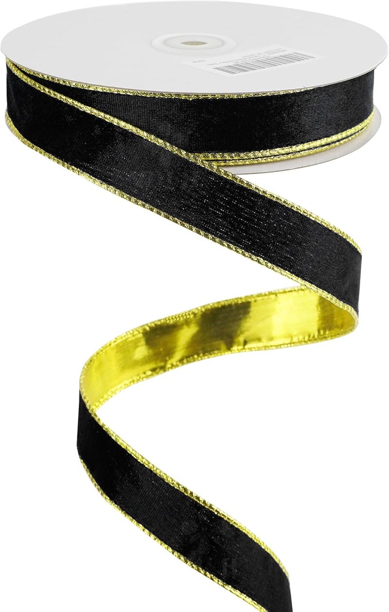 Meedee Black and Gold Velvet Ribbon - 1 Inch Thin Velvet Wired - 25 Yards Spool - Two Tone - Christmas Tree, Gift Wrapping, Wreaths, Bows, Crafts - Image 1